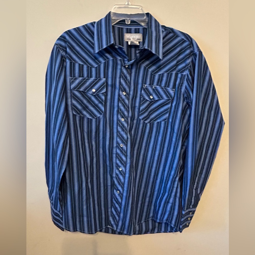Mens Wrangler‎ Wrancher Western  Pearl Snap Long Sleeve Blue Stripe Shirt Large